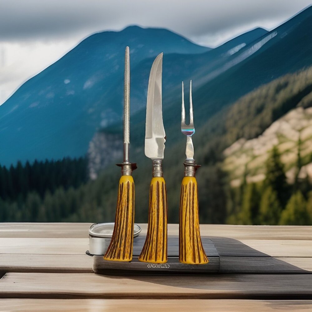 Vintage Bakelite Englishtown Cutlery Carving Set Stag Handle Sheffield England‎